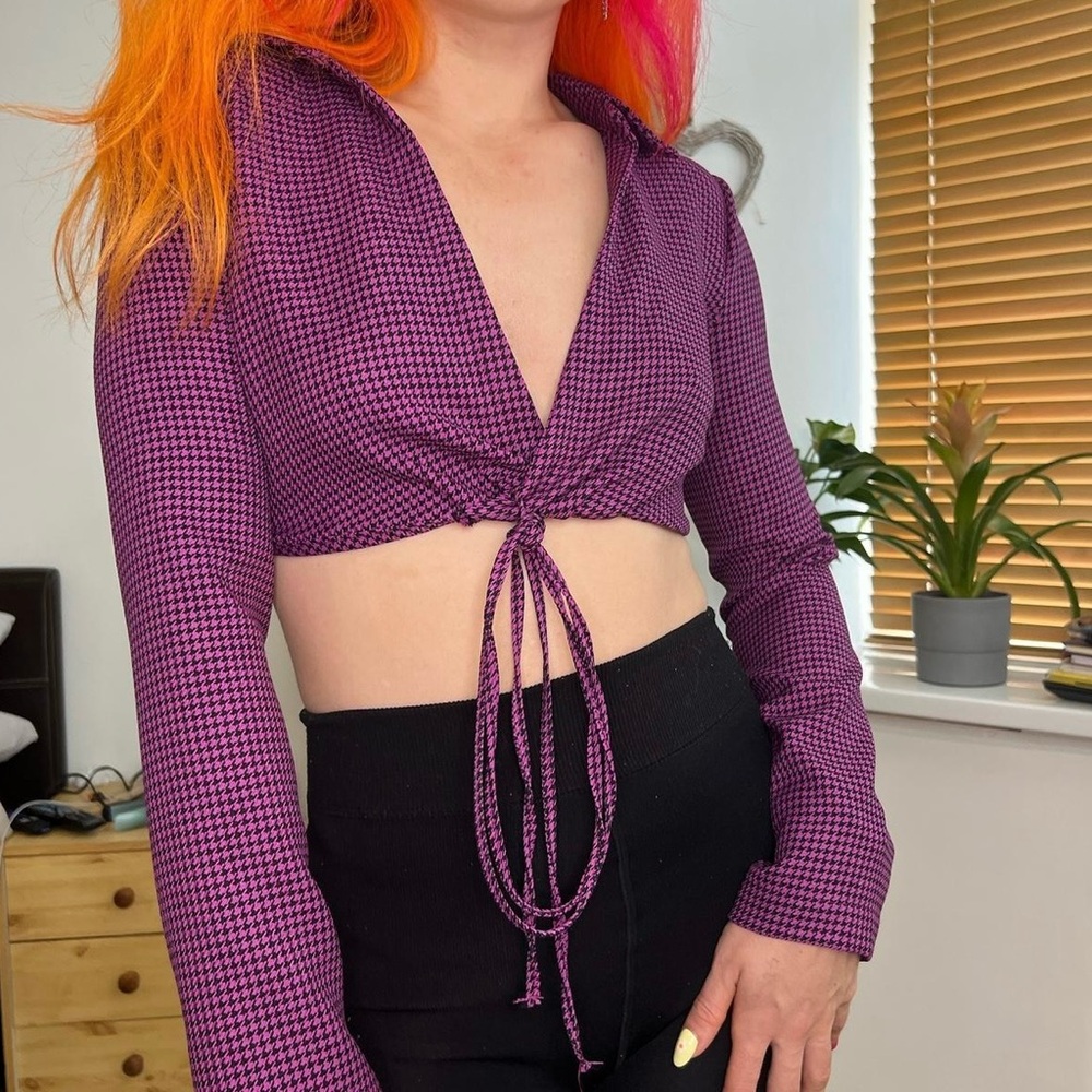 Zara Purple Houndstooth Tie-Front Crop Top